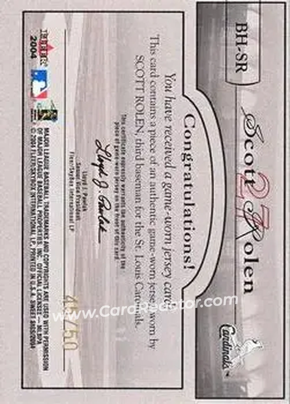 2004 Fleer Sweet Sigs - Ballpark Heroes Patch Gold #BH-SR - Scott Rolen - St. Louis Cardinals - Back 2004 Fleer Sweet Sigs - Ballpark Heroes Patch Gold #BH-SR - Scott Rolen - St. Louis Cardinals - Back