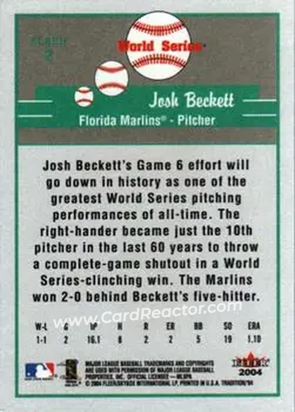 2004 Fleer Tradition #2 - Josh Beckett - Florida Marlins - Back 2004 Fleer Tradition #2 - Josh Beckett - Florida Marlins - Back
