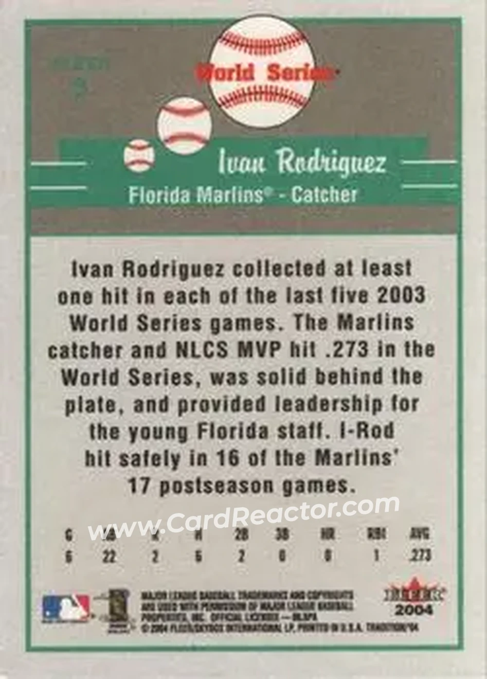 2004 Fleer Tradition #3 - Ivan Rodriguez - Florida Marlins - Back