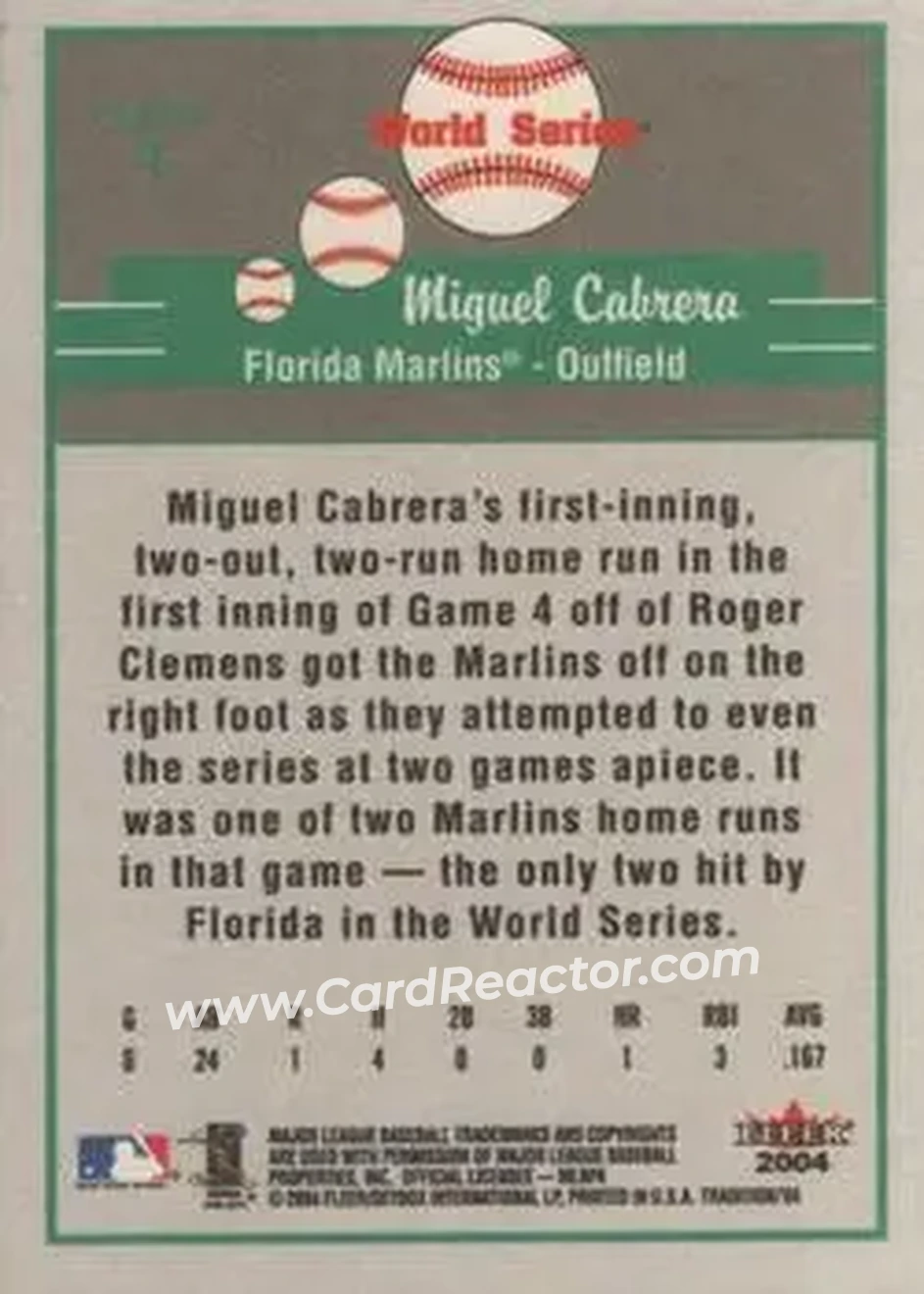 2004 Fleer Tradition #4 - Miguel Cabrera - Florida Marlins - Back