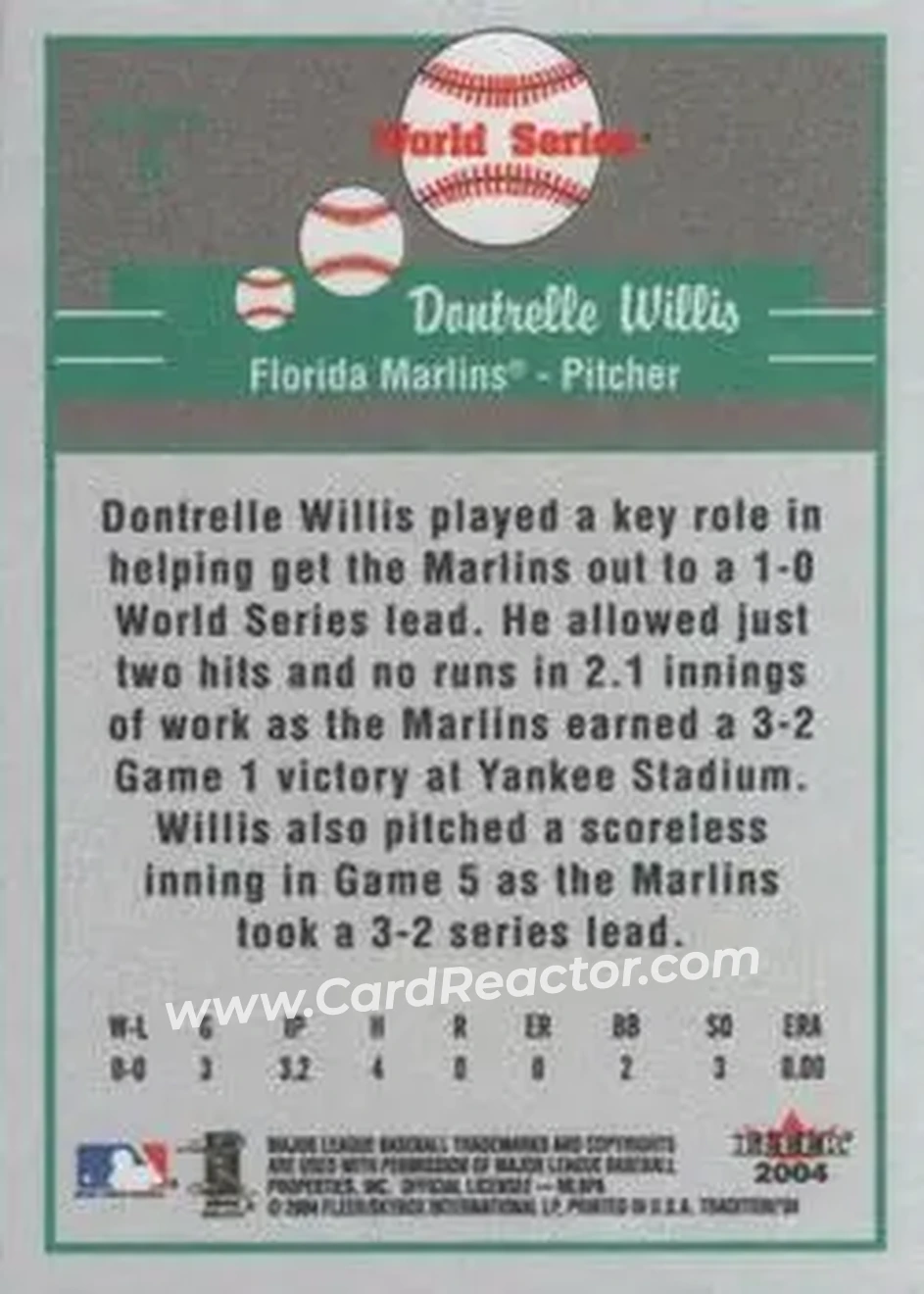 2004 Fleer Tradition #5 - Dontrelle Willis - Florida Marlins - Back