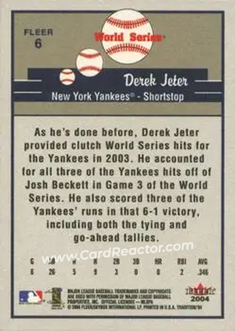 2004 Fleer Tradition #6 - Derek Jeter - New York Yankees - Back 2004 Fleer Tradition #6 - Derek Jeter - New York Yankees - Back