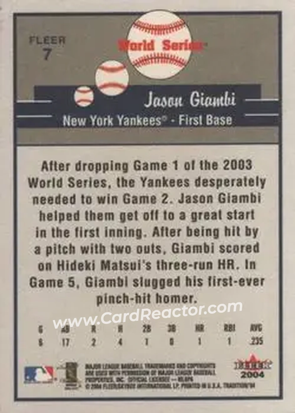 2004 Fleer Tradition #7 - Jason Giambi - New York Yankees - Back
