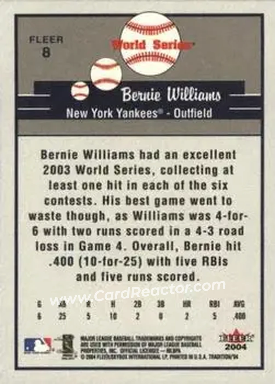 2004 Fleer Tradition #8 - Bernie Williams - New York Yankees - Back 2004 Fleer Tradition #8 - Bernie Williams - New York Yankees - Back