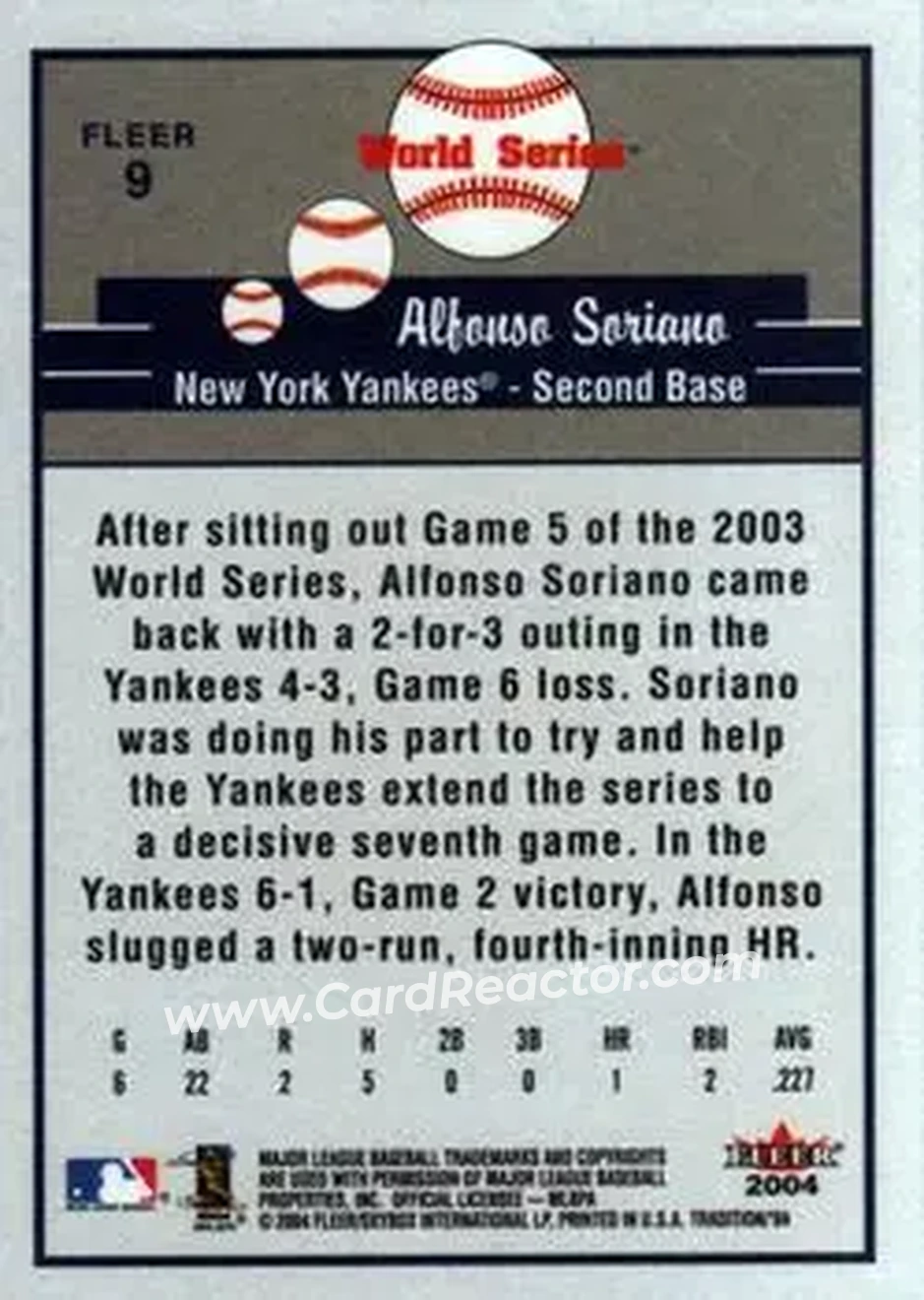 2004 Fleer Tradition #9 - Alfonso Soriano - New York Yankees - Back 2004 Fleer Tradition #9 - Alfonso Soriano - New York Yankees - Back
