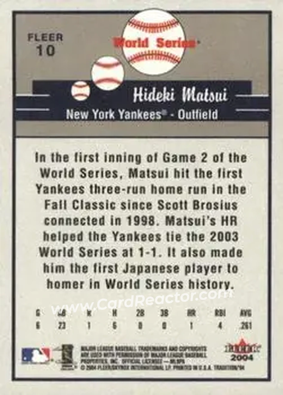 2004 Fleer Tradition #10 - Hideki Matsui - New York Yankees - Back
