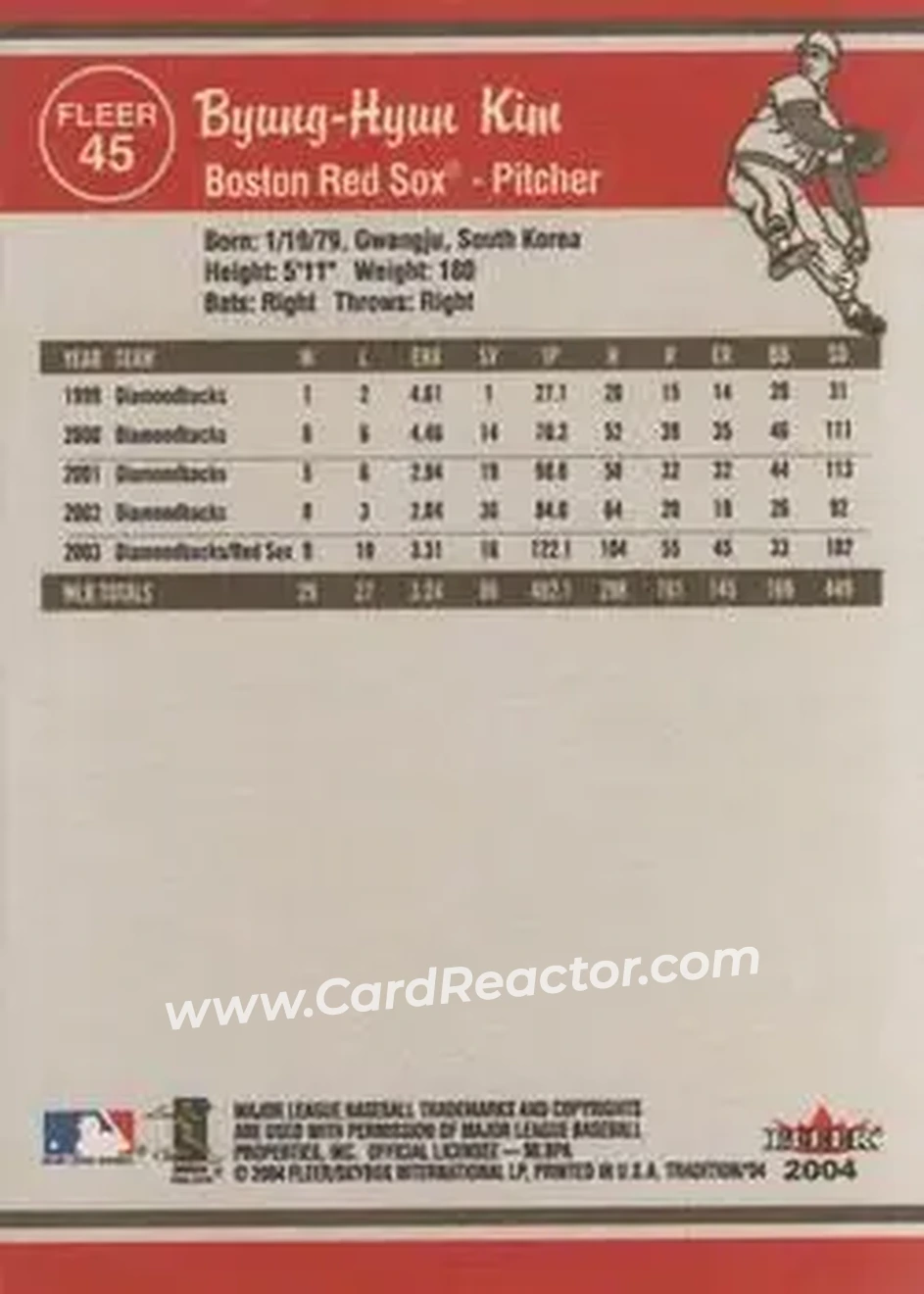 2004 Fleer Tradition #45 - Byung-Hyun Kim - Boston Red Sox - Back