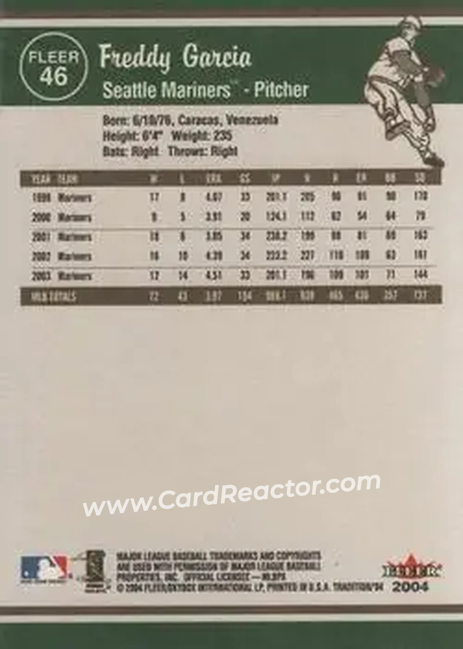 2004 Fleer Tradition #46 - Freddy Garcia - Seattle Mariners - Back