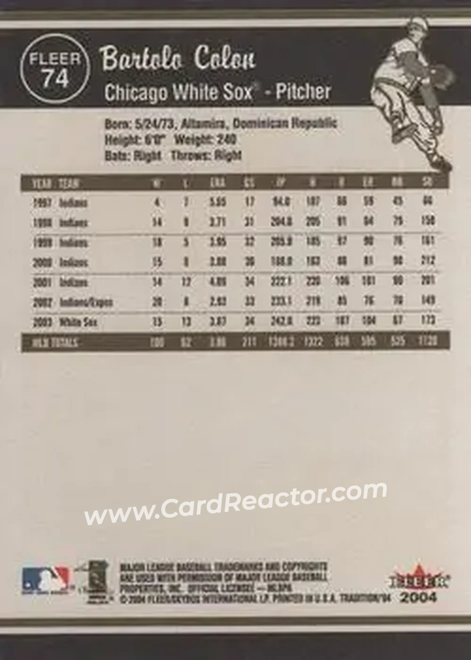 2004 Fleer Tradition #74 - Bartolo Colon - Chicago White Sox - Back