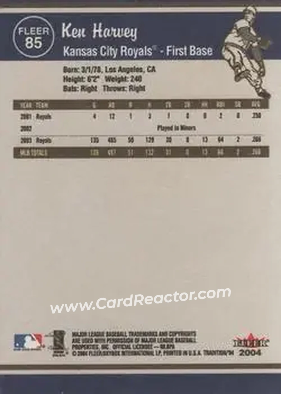 2004 Fleer Tradition #85 - Ken Harvey - Kansas City Royals - Back