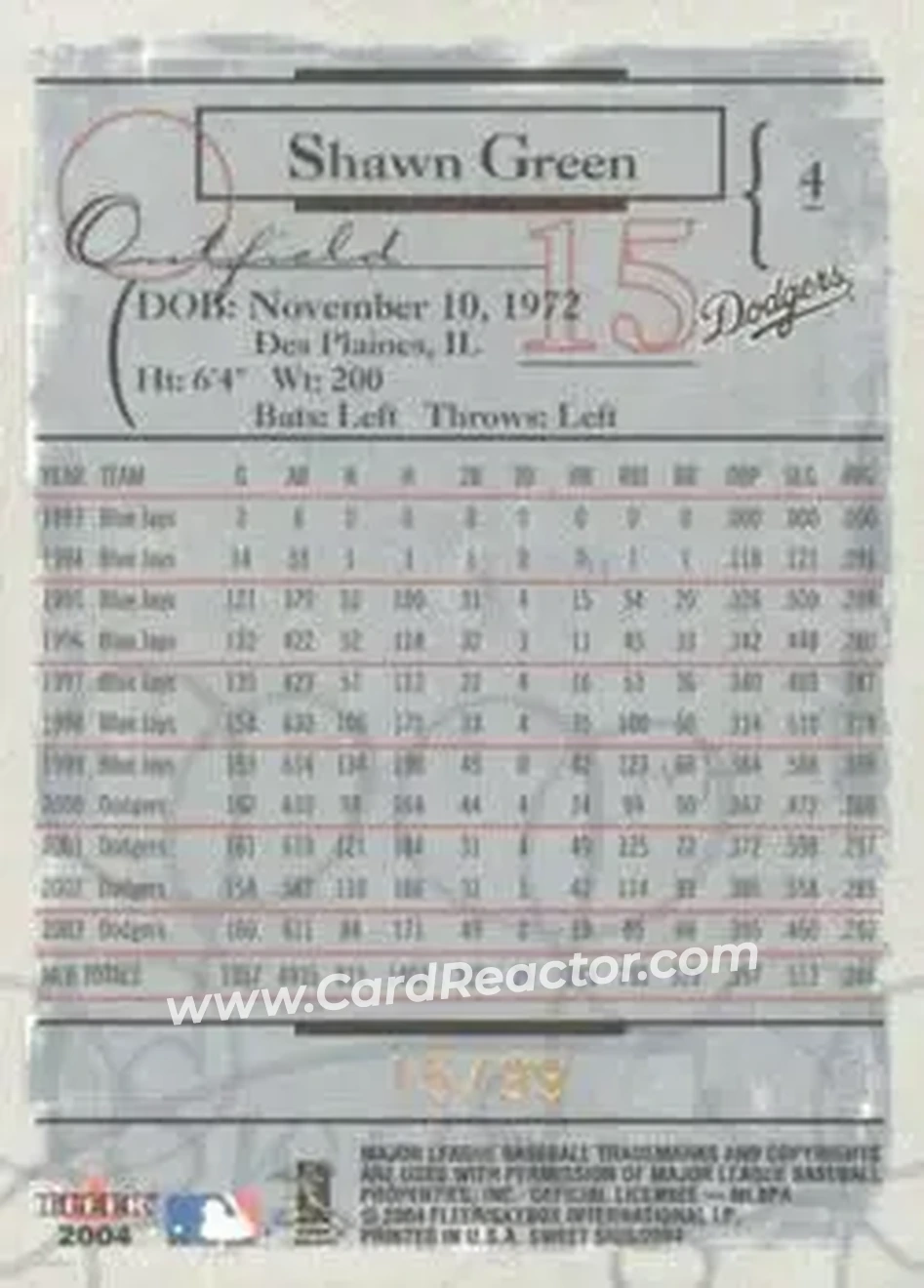 2004 Fleer Sweet Sigs - Gold #4 - Shawn Green - Los Angeles Dodgers - Back