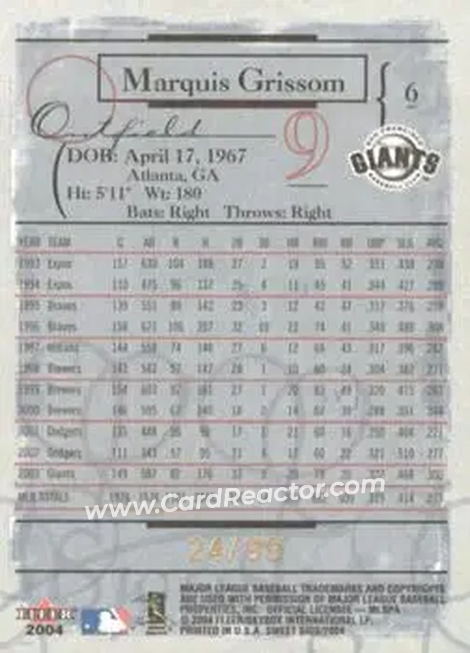 2004 Fleer Sweet Sigs - Gold #6 - Marquis Grissom - San Francisco Giants - Back