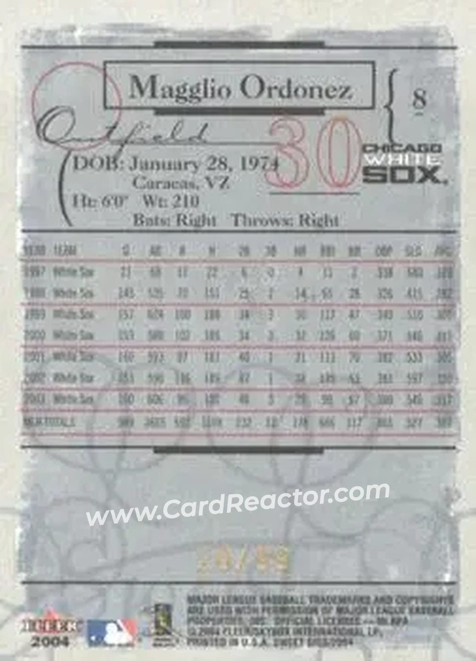 2004 Fleer Sweet Sigs - Gold #8 - Magglio Ordonez - Chicago White Sox - Back