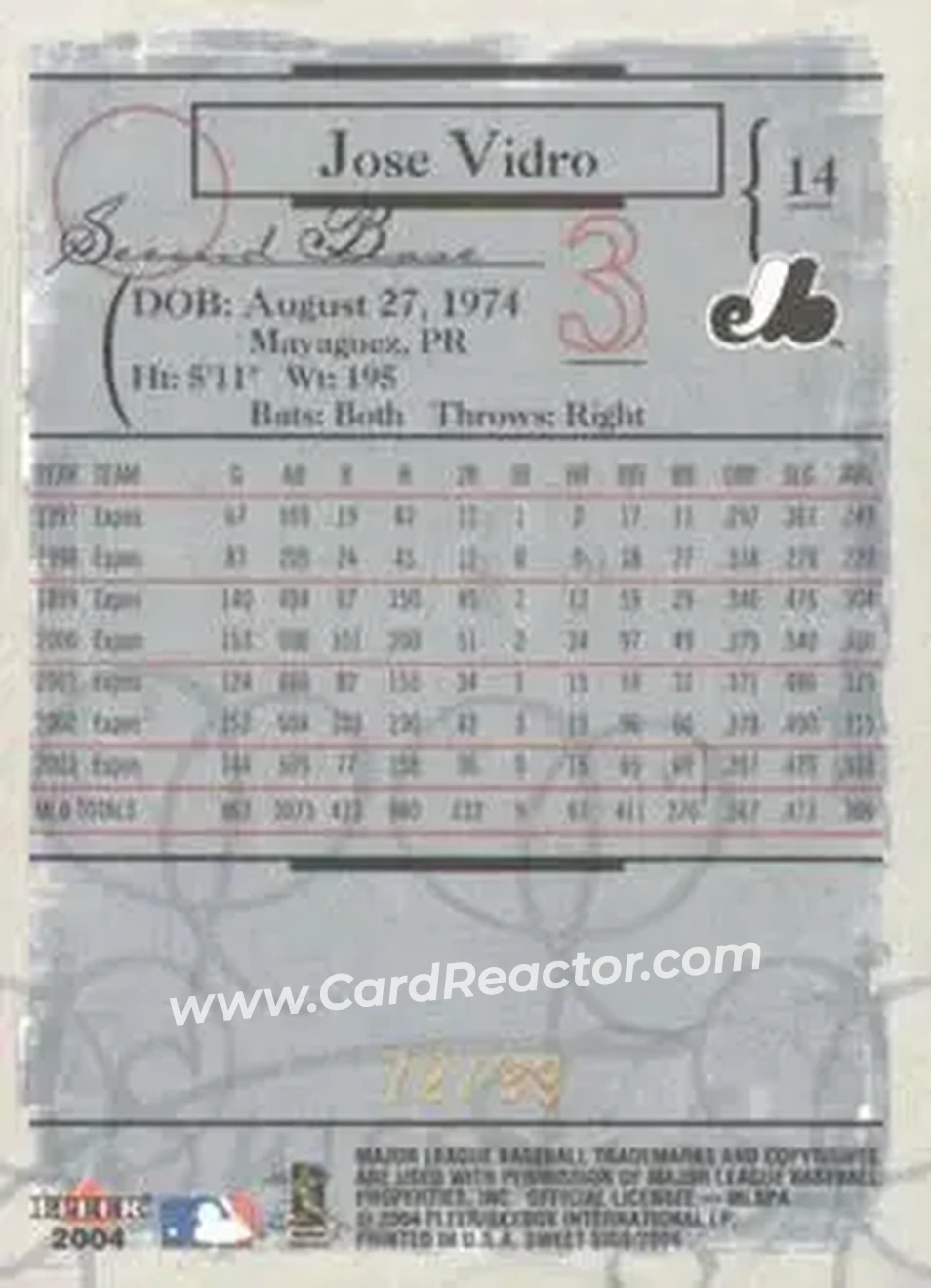 2004 Fleer Sweet Sigs - Gold #14 - Jose Vidro - Montreal Expos - Back