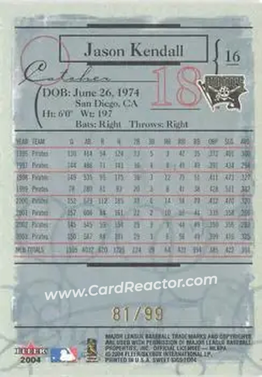 2004 Fleer Sweet Sigs - Gold #16 - Jason Kendall - Pittsburgh Pirates - Back