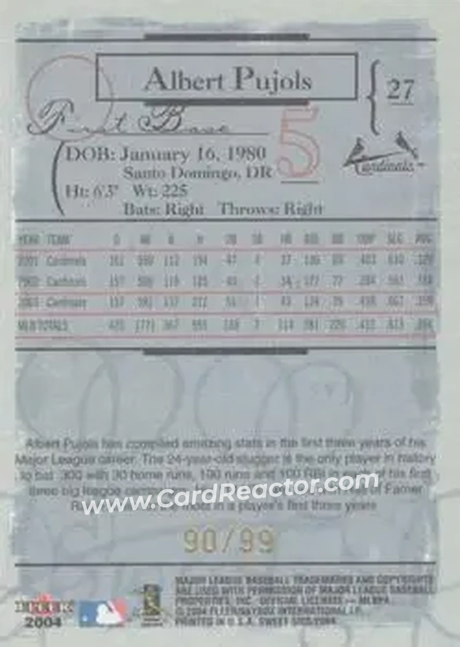 2004 Fleer Sweet Sigs - Gold #27 - Albert Pujols - St. Louis Cardinals - Back