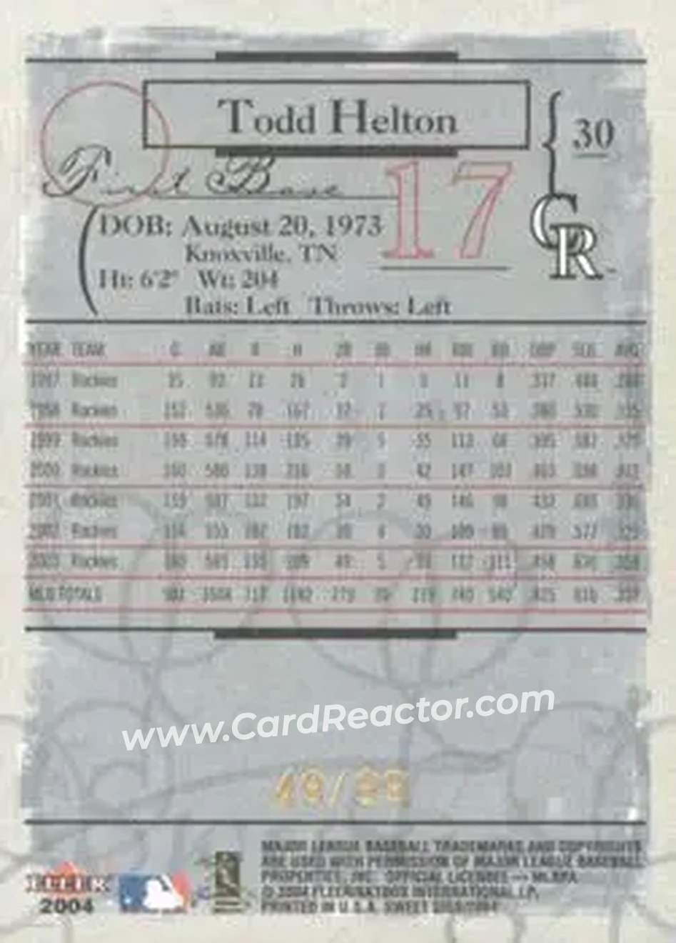 2004 Fleer Sweet Sigs - Gold #30 - Todd Helton - Colorado Rockies - Back