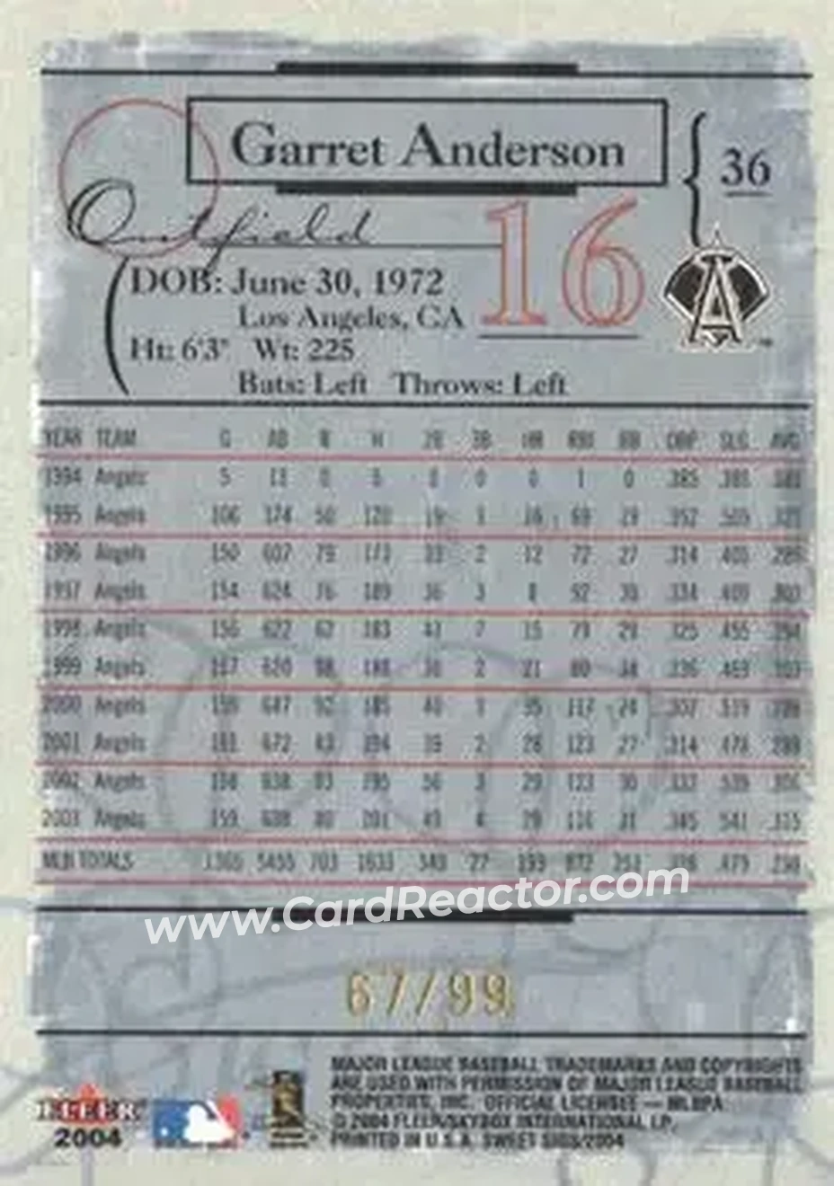 2004 Fleer Sweet Sigs - Gold #36 - Garret Anderson - Anaheim Angels - Back