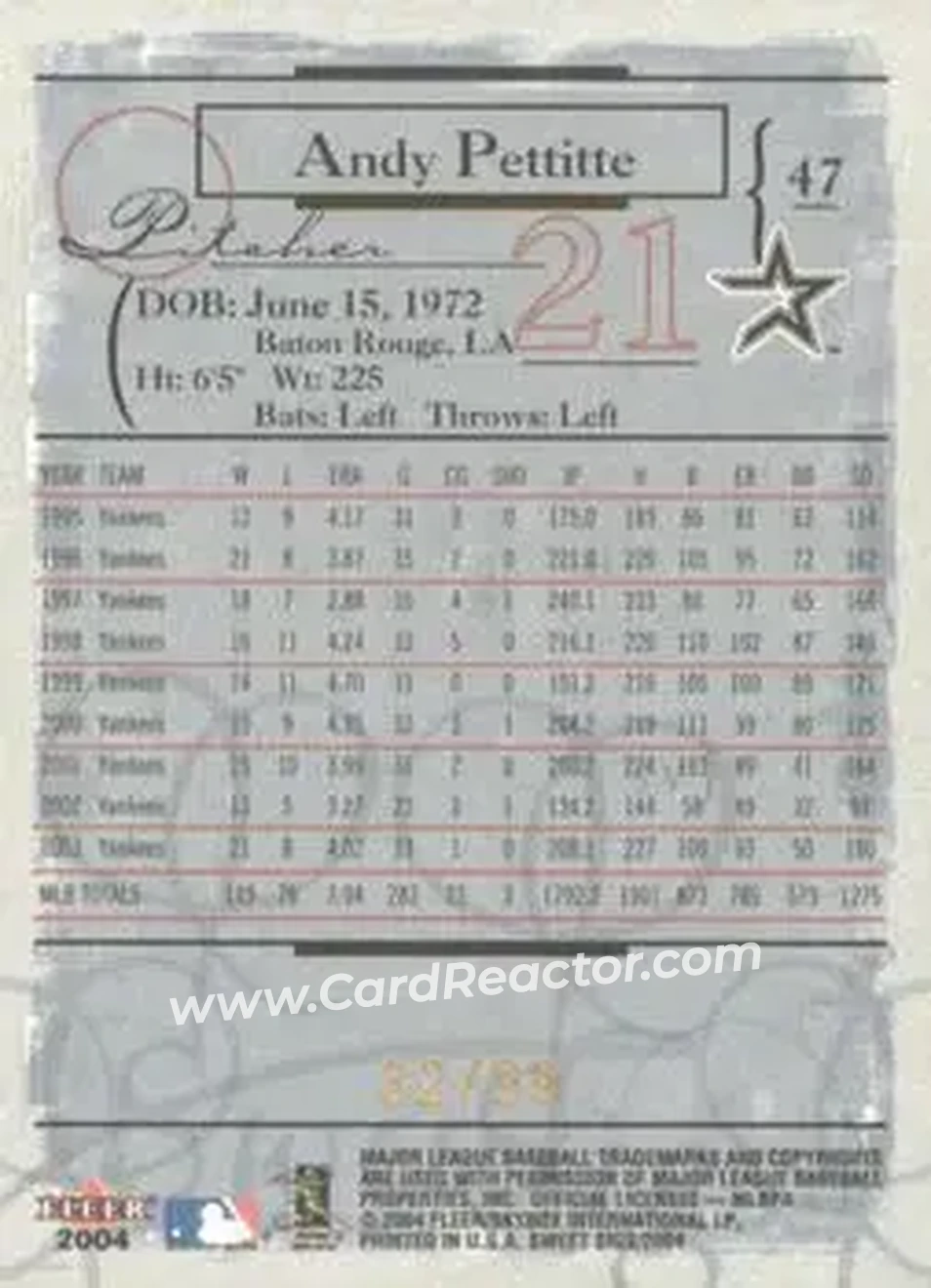 2004 Fleer Sweet Sigs - Gold #47 - Andy Pettitte - Houston Astros - Back