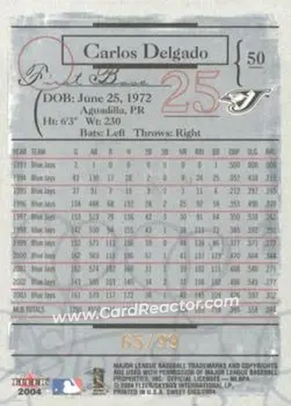 2004 Fleer Sweet Sigs - Gold #50 - Carlos Delgado - Toronto Blue Jays - Back 2004 Fleer Sweet Sigs - Gold #50 - Carlos Delgado - Toronto Blue Jays - Back