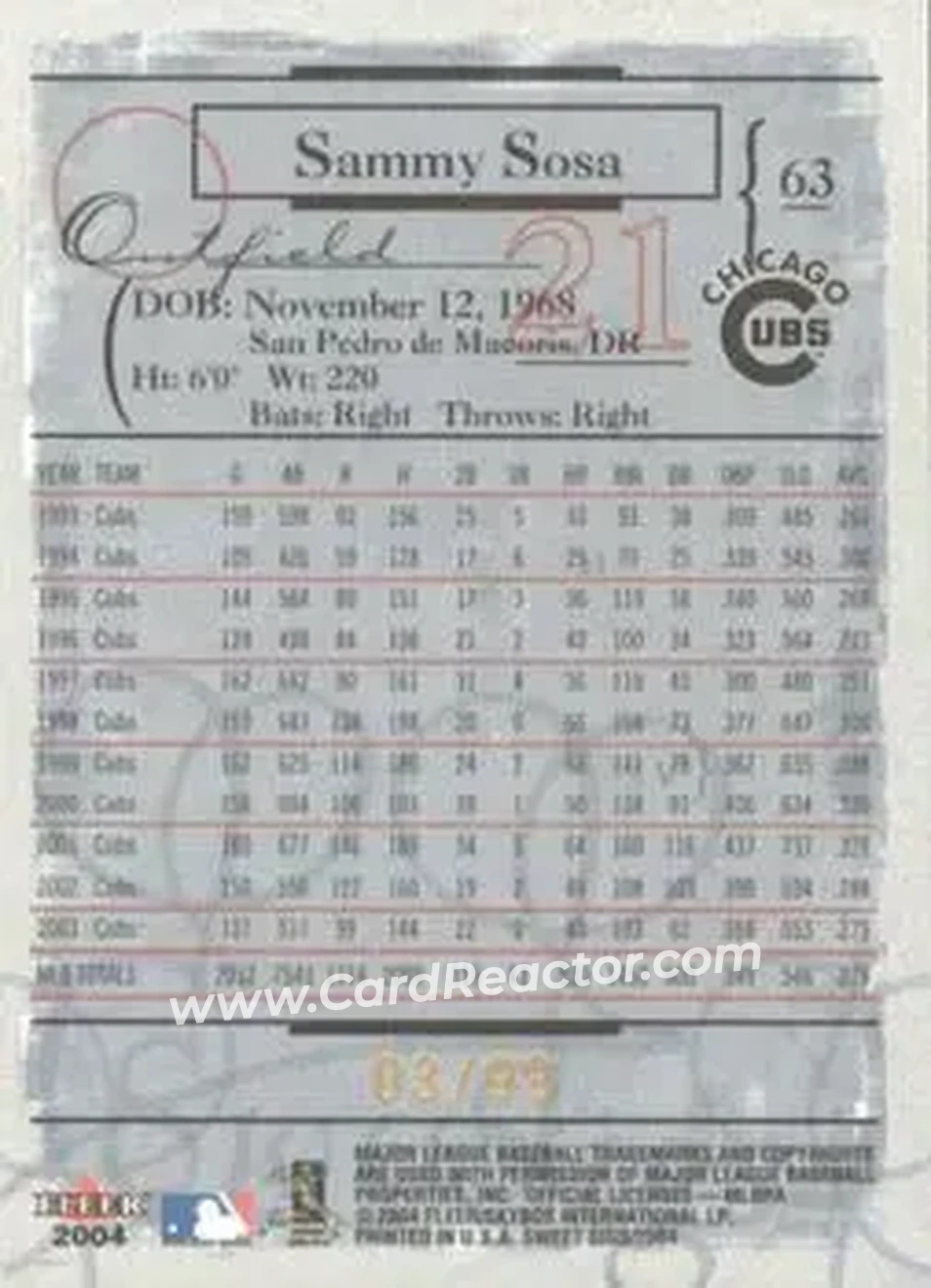 2004 Fleer Sweet Sigs - Gold #63 - Sammy Sosa - Chicago Cubs - Back