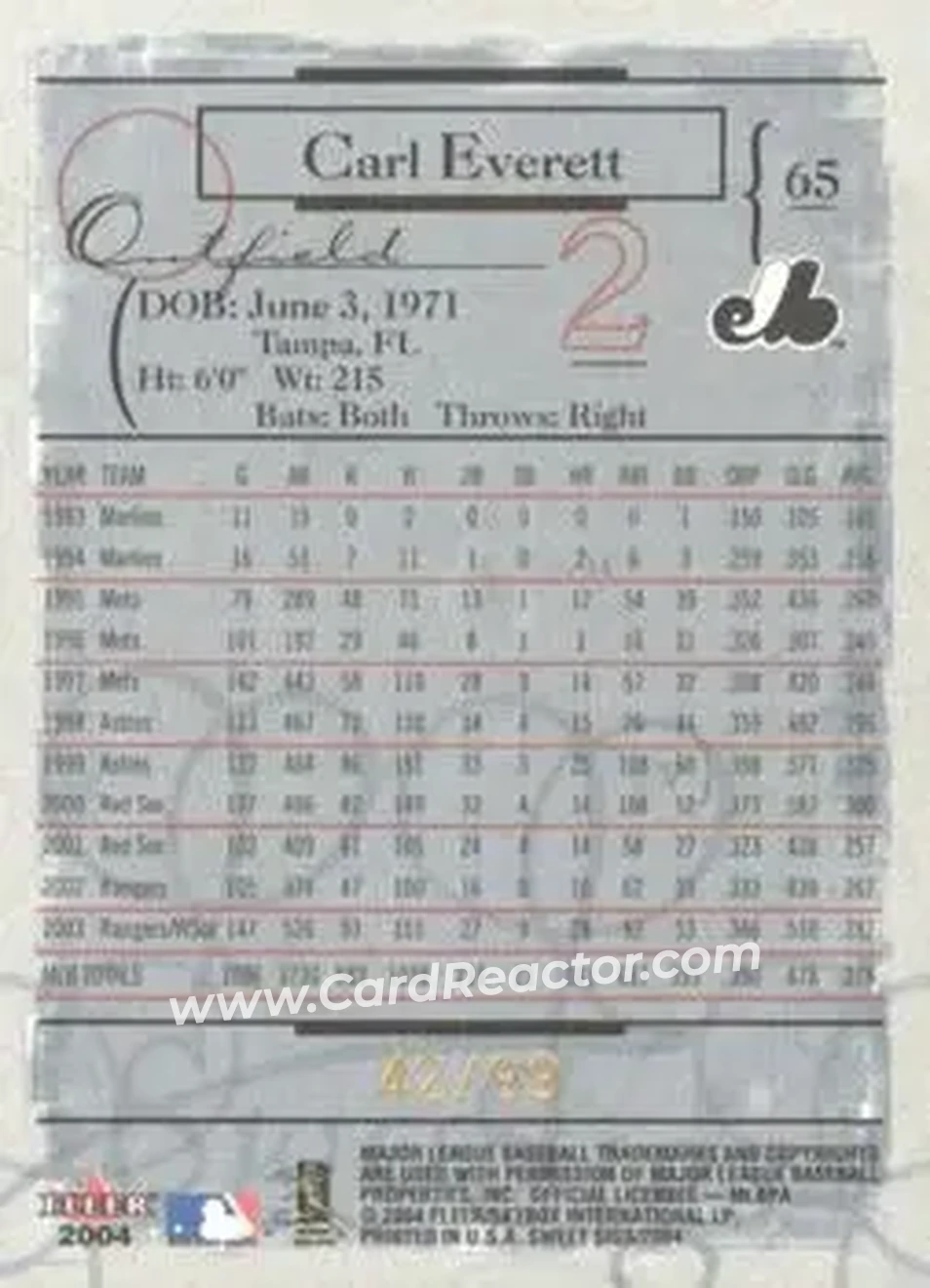 2004 Fleer Sweet Sigs - Gold #65 - Carl Everett - Montreal Expos - Back