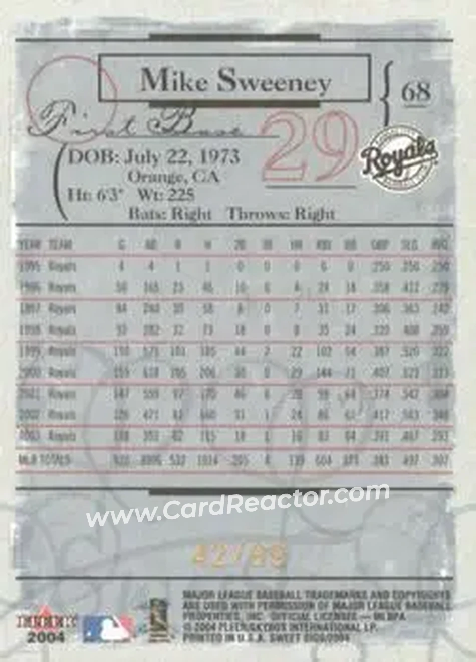 2004 Fleer Sweet Sigs - Gold #68 - Mike Sweeney - Kansas City Royals - Back