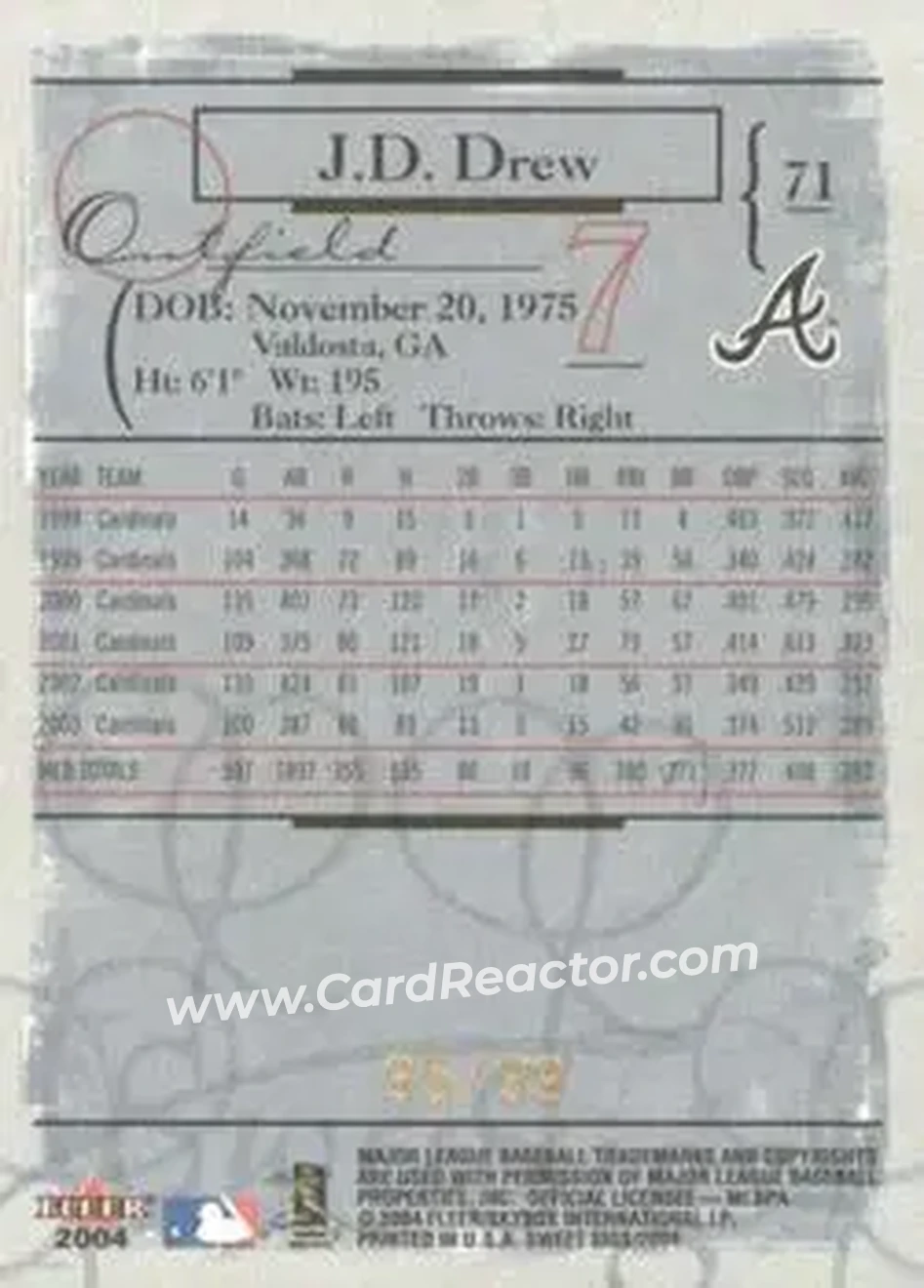 2004 Fleer Sweet Sigs - Gold #71 - J.D. Drew - Atlanta Braves - Back