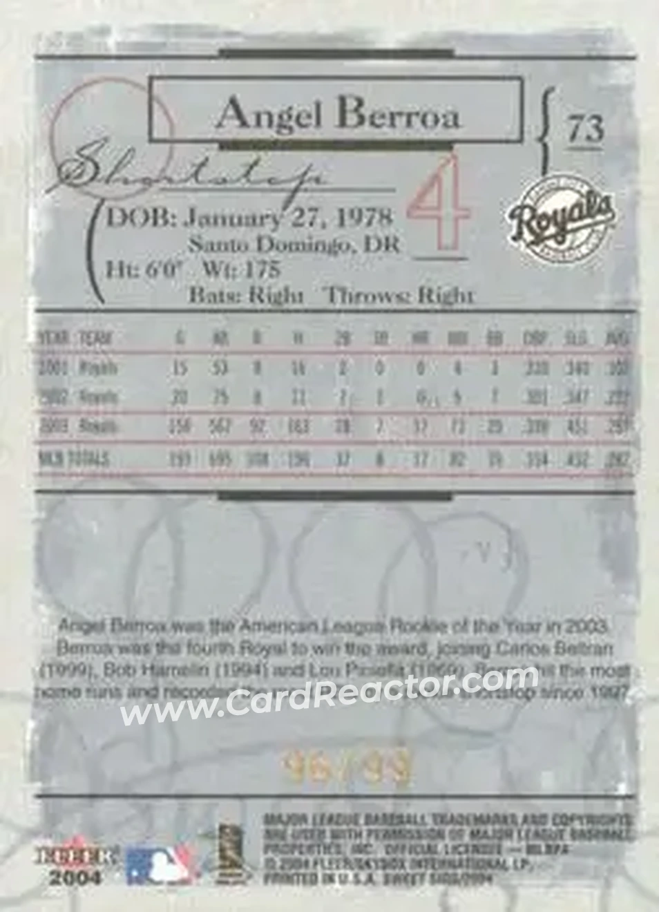 2004 Fleer Sweet Sigs - Gold #73 - Angel Berroa - Kansas City Royals - Back 2004 Fleer Sweet Sigs - Gold #73 - Angel Berroa - Kansas City Royals - Back