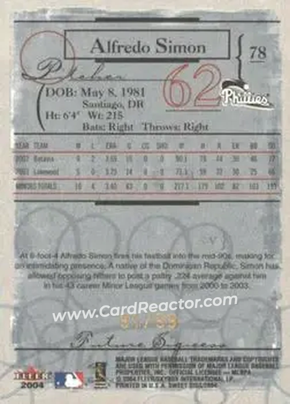 2004 Fleer Sweet Sigs - Gold #78 - Alfredo Simon - Philadelphia Phillies - Back