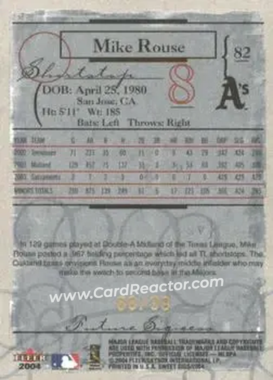 2004 Fleer Sweet Sigs - Gold #82 - Mike Rouse - Oakland Athletics - Back