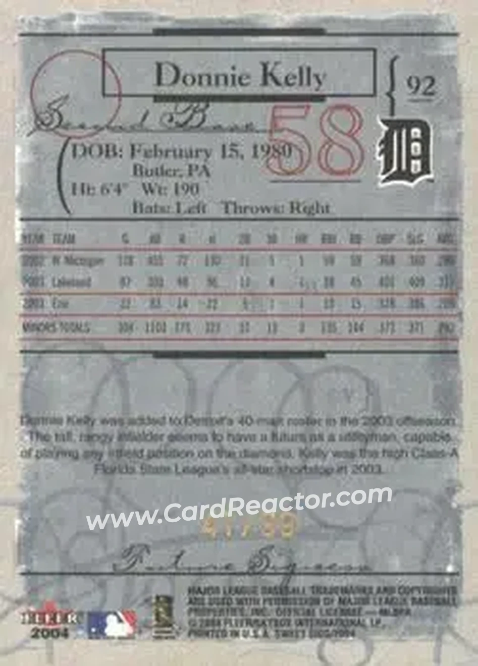 2004 Fleer Sweet Sigs - Gold #92 - Don Kelly - Detroit Tigers - Back