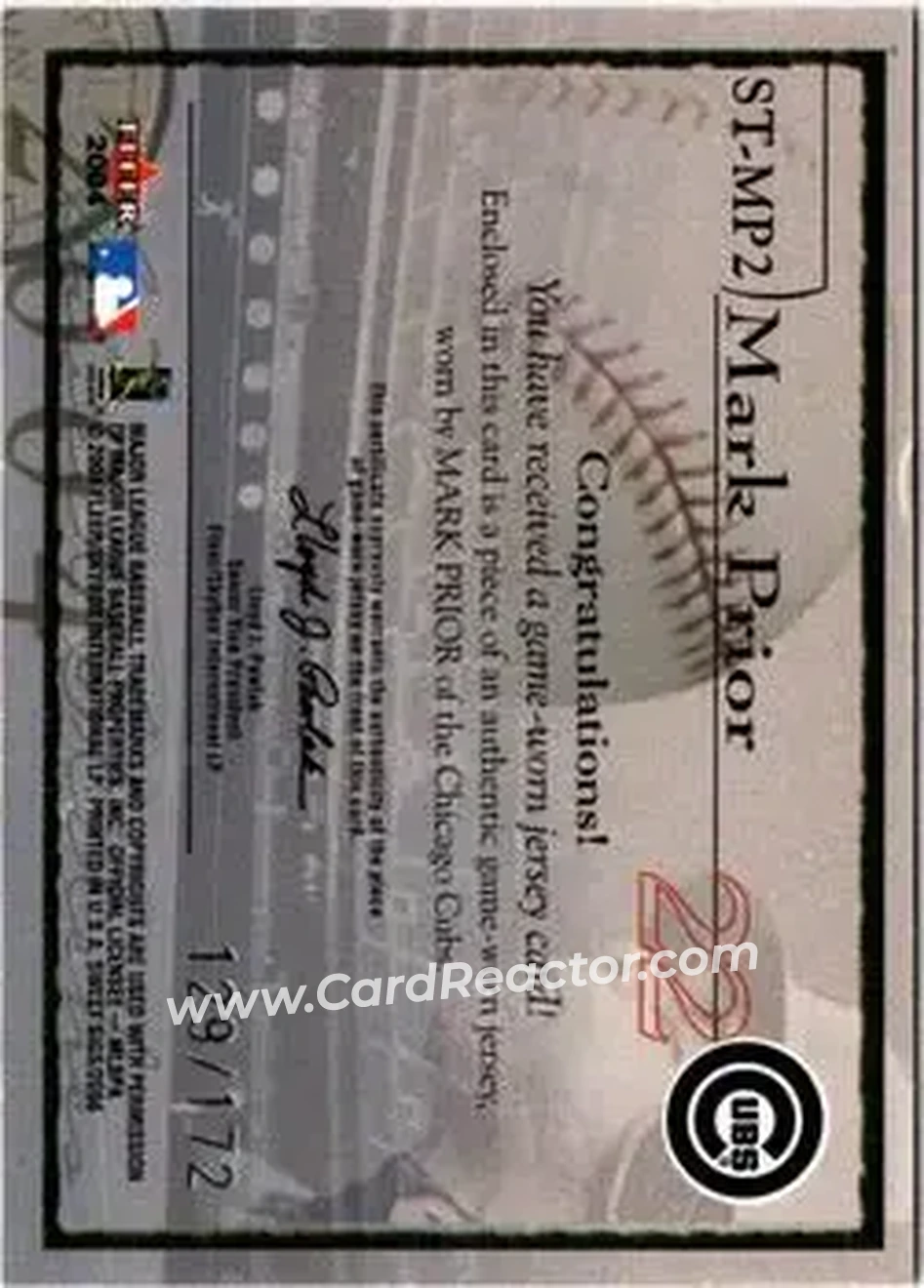 2004 Fleer Sweet Sigs - Sweet Stitches Jersey Silver #ST-MP2 - Mark Prior - Chicago Cubs - Back 2004 Fleer Sweet Sigs - Sweet Stitches Jersey Silver #ST-MP2 - Mark Prior - Chicago Cubs - Back