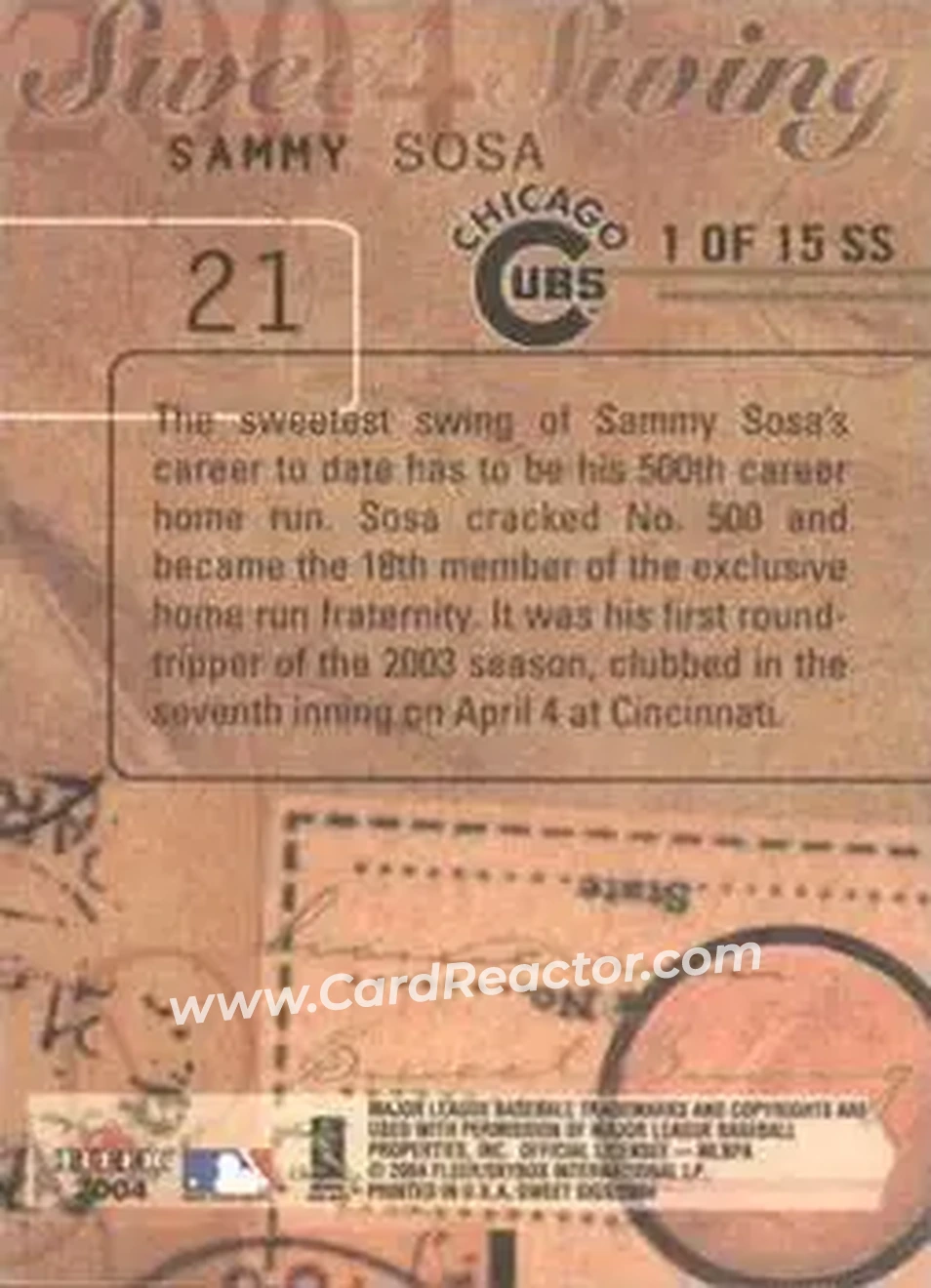 2004 Fleer Sweet Sigs - Sweet Swing #1SS - Sammy Sosa - Chicago Cubs - Back 2004 Fleer Sweet Sigs - Sweet Swing #1SS - Sammy Sosa - Chicago Cubs - Back