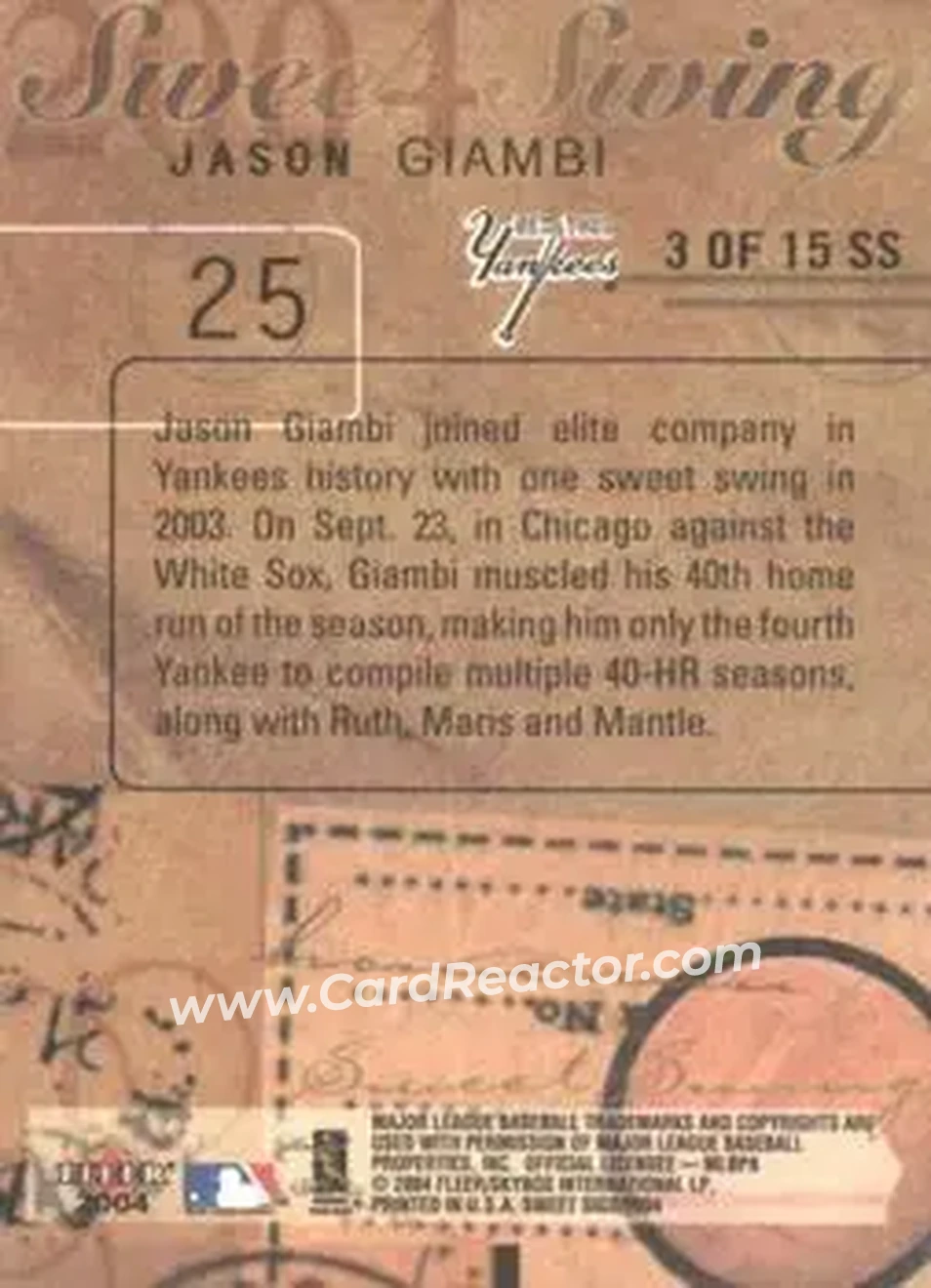 2004 Fleer Sweet Sigs - Sweet Swing #3SS - Jason Giambi - New York Yankees - Back 2004 Fleer Sweet Sigs - Sweet Swing #3SS - Jason Giambi - New York Yankees - Back