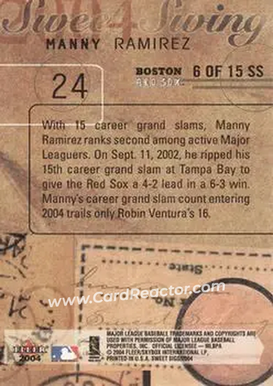 2004 Fleer Sweet Sigs - Sweet Swing #6SS - Manny Ramirez - Boston Red Sox - Back