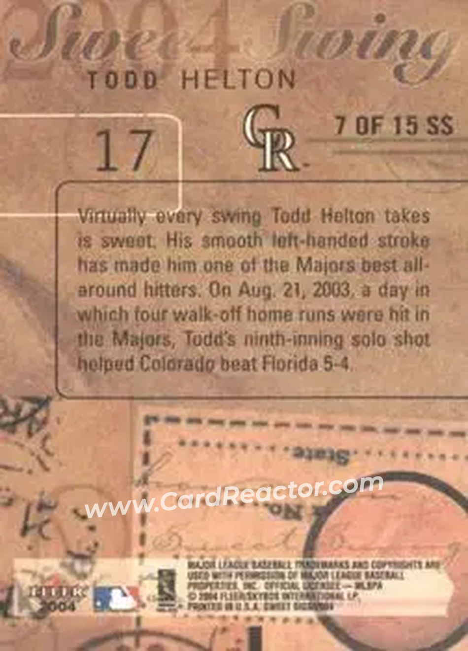 2004 Fleer Sweet Sigs - Sweet Swing #7SS - Todd Helton - Colorado Rockies - Back