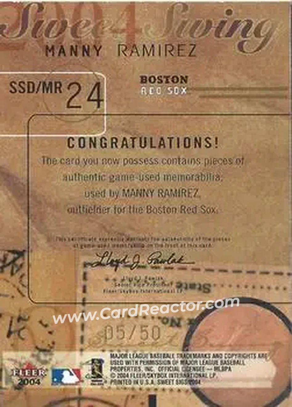 2004 Fleer Sweet Sigs - Sweet Swing Bat-Jersey Gold #SSD/MR - Manny Ramirez - Boston Red Sox - Back 2004 Fleer Sweet Sigs - Sweet Swing Bat-Jersey Gold #SSD/MR - Manny Ramirez - Boston Red Sox - Back