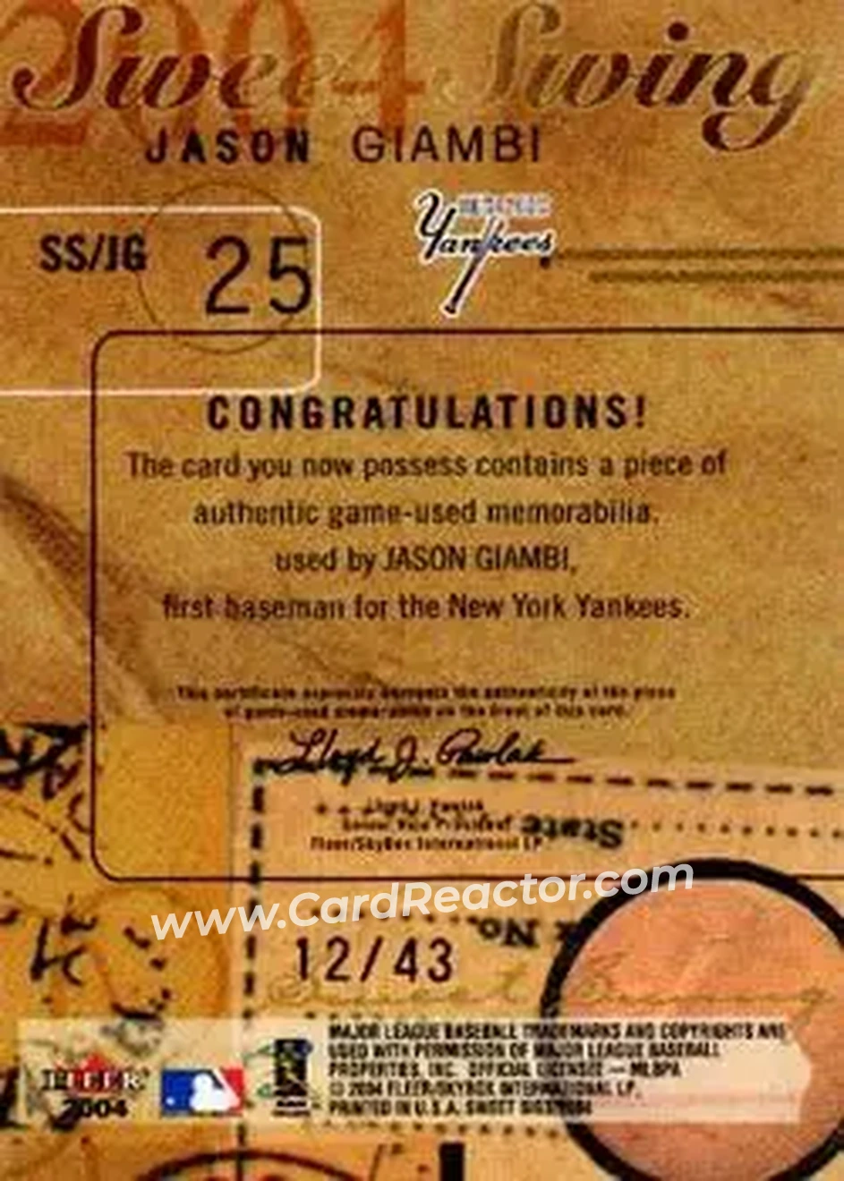 2004 Fleer Sweet Sigs - Sweet Swing Bat-Patch Black #SS/JG - Jason Giambi - New York Yankees - Back