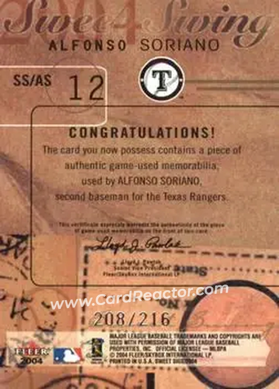 2004 Fleer Sweet Sigs - Sweet Swing Bat Silver #SS/AS - Alfonso Soriano - Texas Rangers - Back 2004 Fleer Sweet Sigs - Sweet Swing Bat Silver #SS/AS - Alfonso Soriano - Texas Rangers - Back