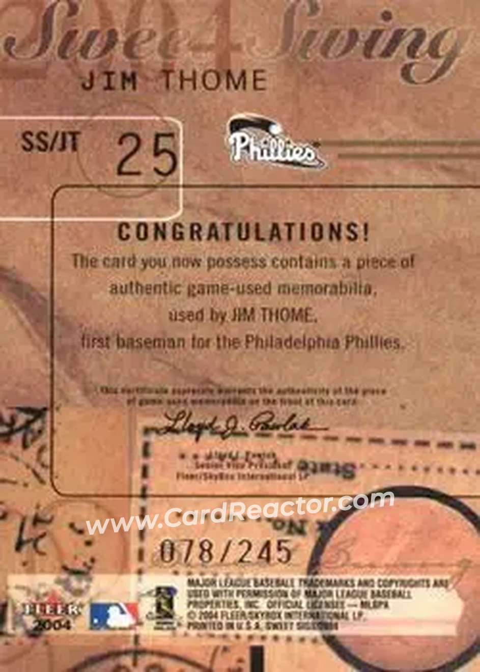 2004 Fleer Sweet Sigs - Sweet Swing Bat Silver #SS/JT - Jim Thome - Philadelphia Phillies - Back