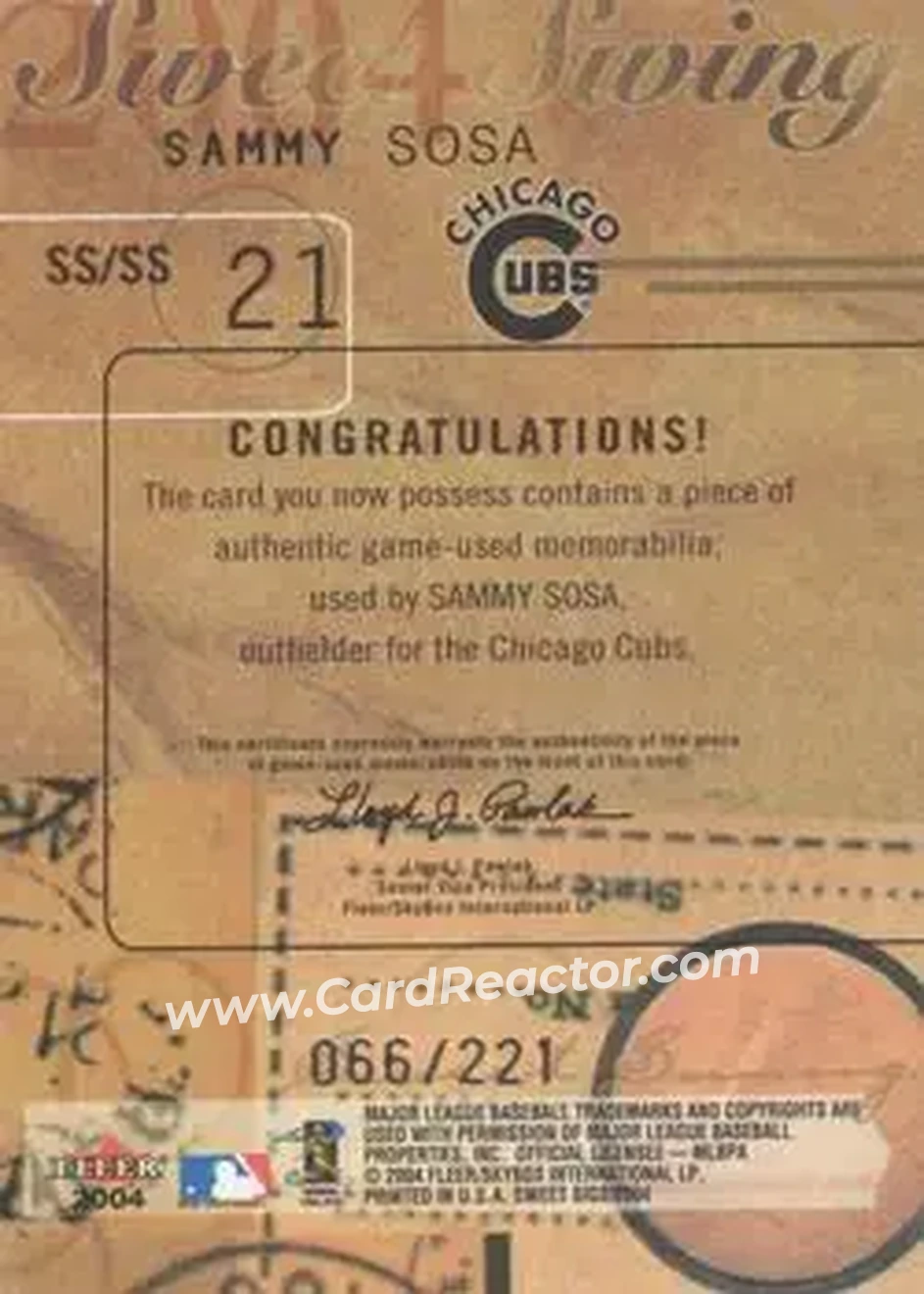 2004 Fleer Sweet Sigs - Sweet Swing Bat Silver #SS/SS - Sammy Sosa - Chicago Cubs - Back