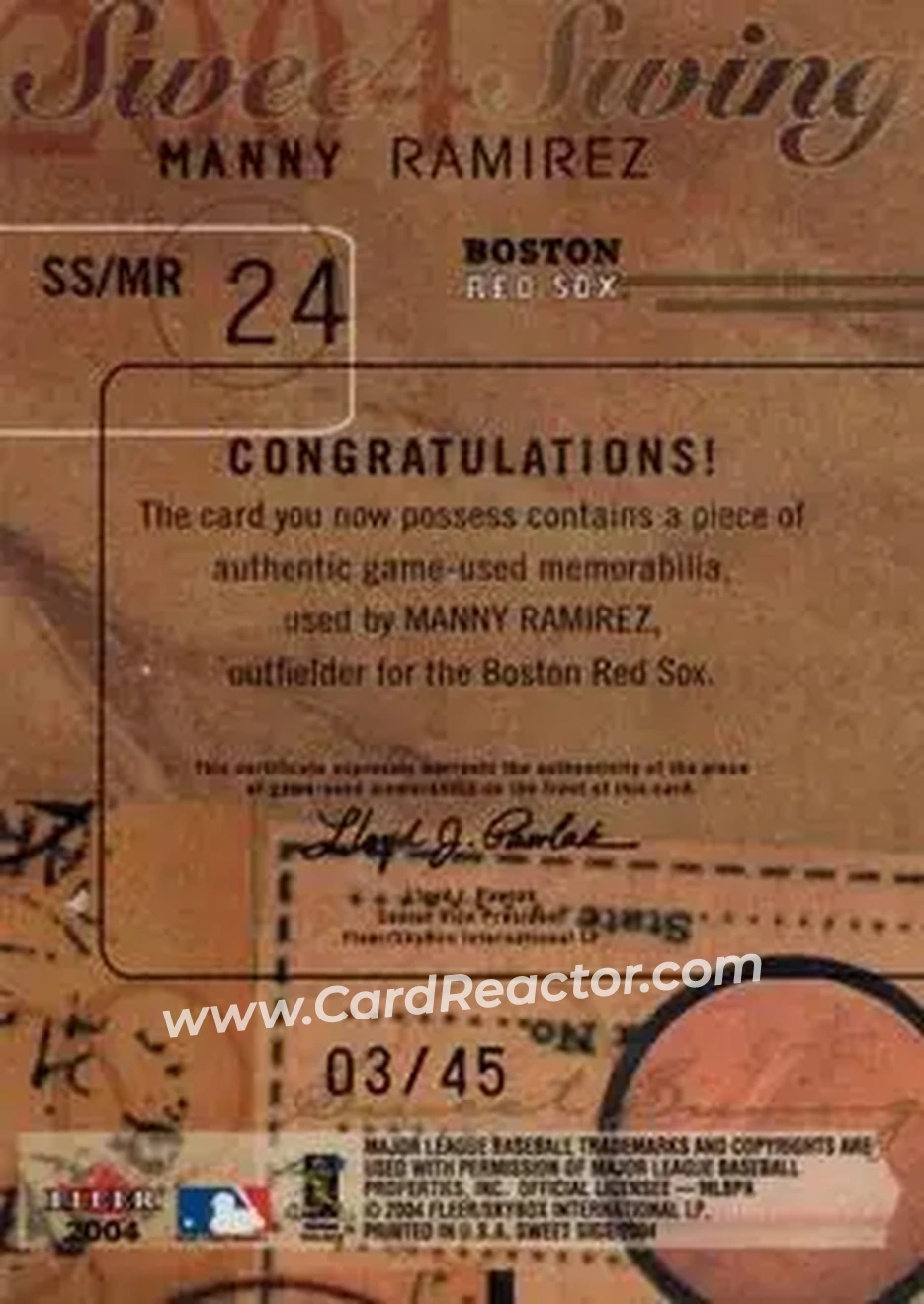 2004 Fleer Sweet Sigs - Sweet Swing Bat-Patch Black #SS/MR - Manny Ramirez - Boston Red Sox - Back