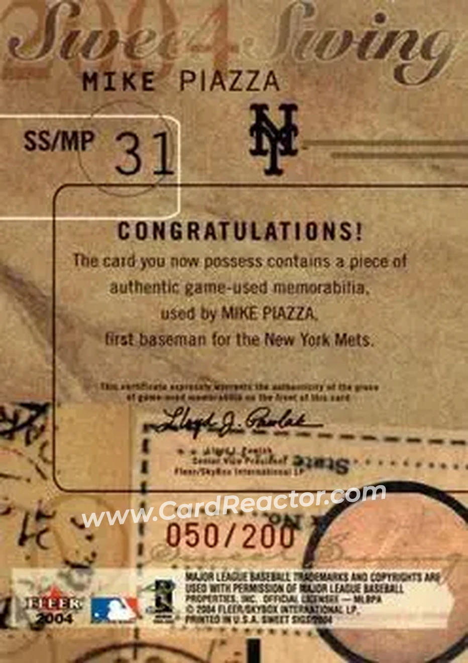 2004 Fleer Sweet Sigs - Sweet Swing Jersey Red #SS/MP - Mike Piazza - New York Mets - Back 2004 Fleer Sweet Sigs - Sweet Swing Jersey Red #SS/MP - Mike Piazza - New York Mets - Back