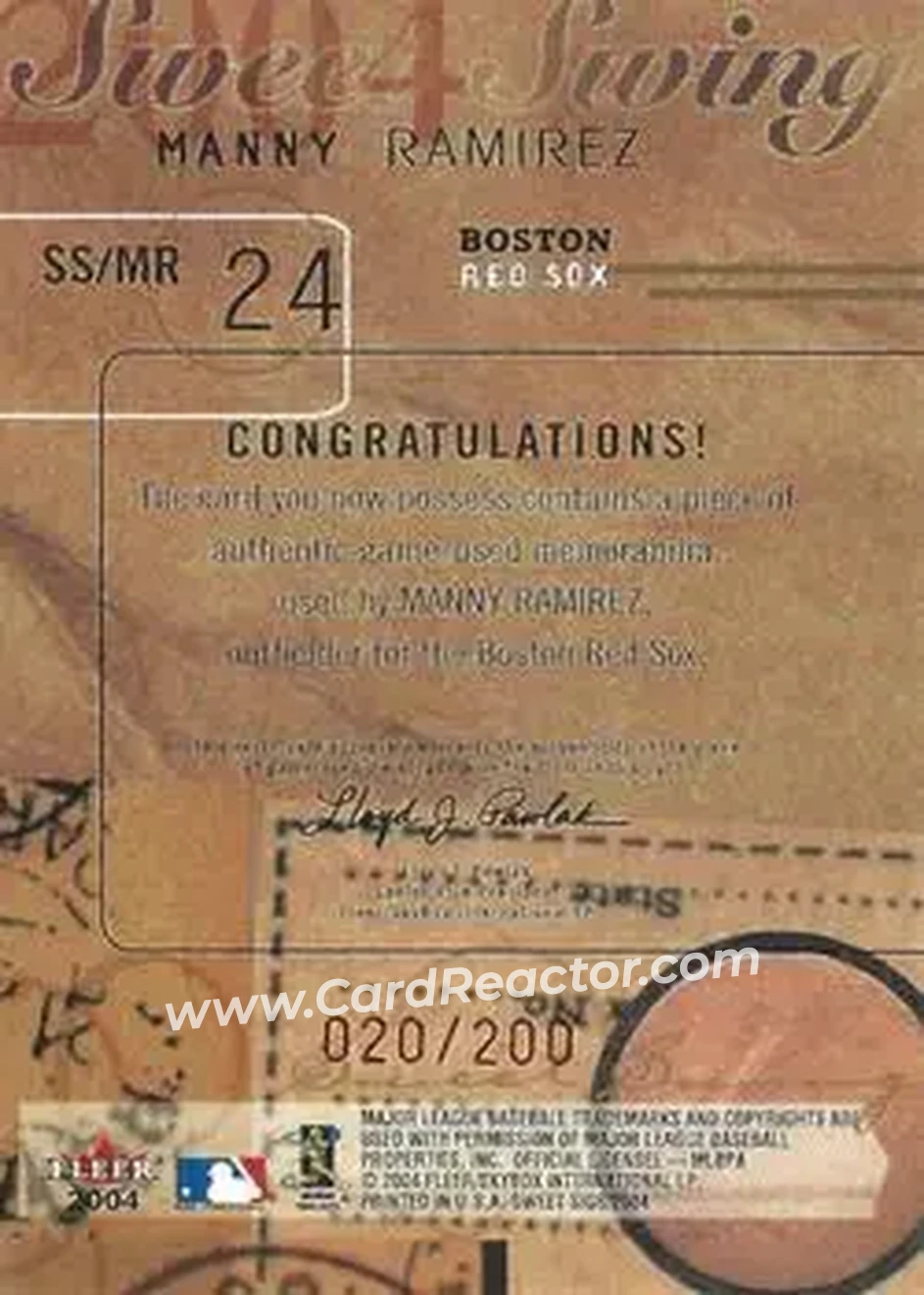 2004 Fleer Sweet Sigs - Sweet Swing Jersey Red #SS/MR - Manny Ramirez - Boston Red Sox - Back 2004 Fleer Sweet Sigs - Sweet Swing Jersey Red #SS/MR - Manny Ramirez - Boston Red Sox - Back
