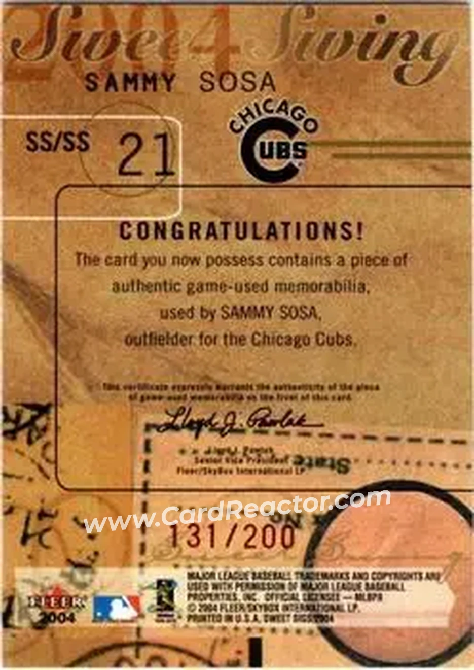 2004 Fleer Sweet Sigs - Sweet Swing Jersey Red #SS/SS - Sammy Sosa - Chicago Cubs - Back 2004 Fleer Sweet Sigs - Sweet Swing Jersey Red #SS/SS - Sammy Sosa - Chicago Cubs - Back