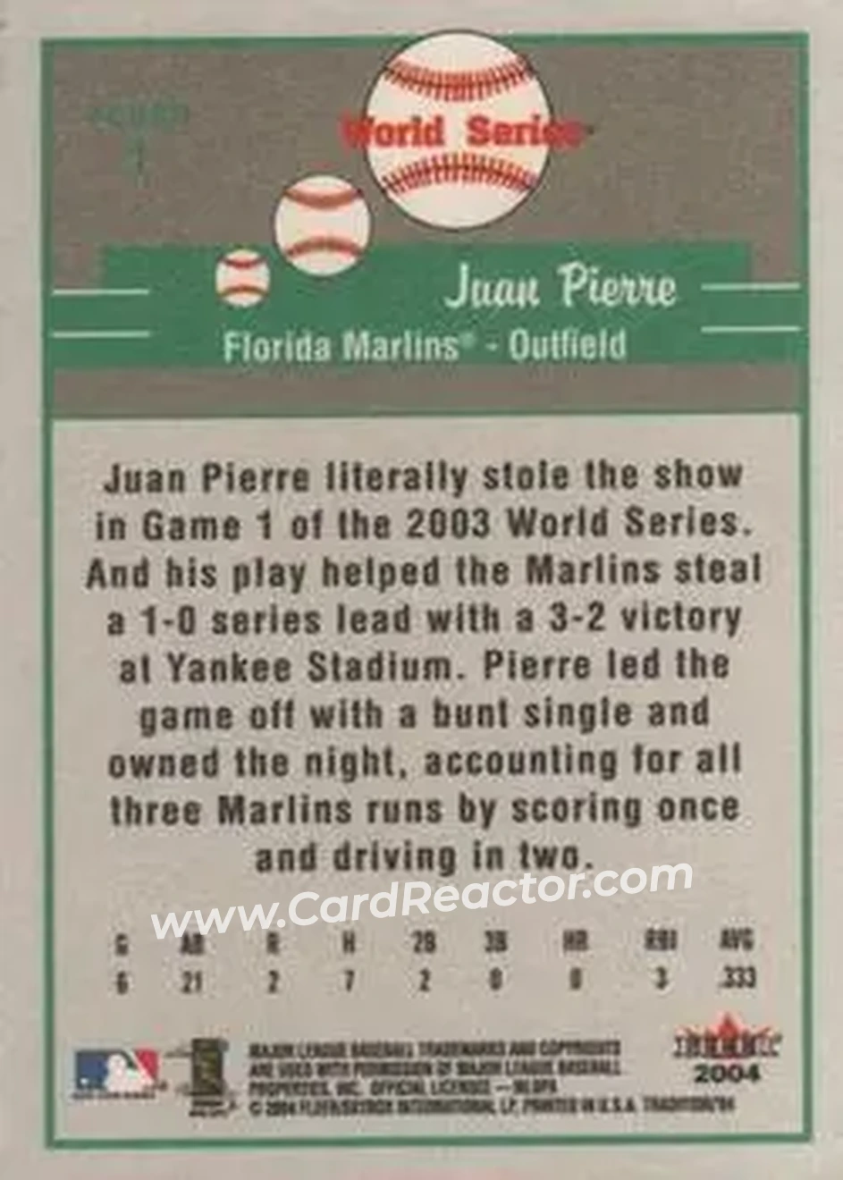 2004 Fleer Tradition #1 - Juan Pierre - Florida Marlins - Back