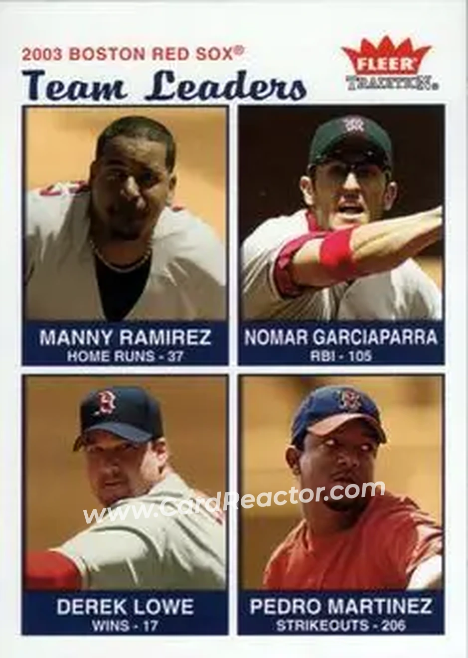 2004 Fleer Tradition #15 - Manny Ramirez - Nomar Garciaparra - Derek Lowe - Pedro Martinez - Boston Red Sox - Front