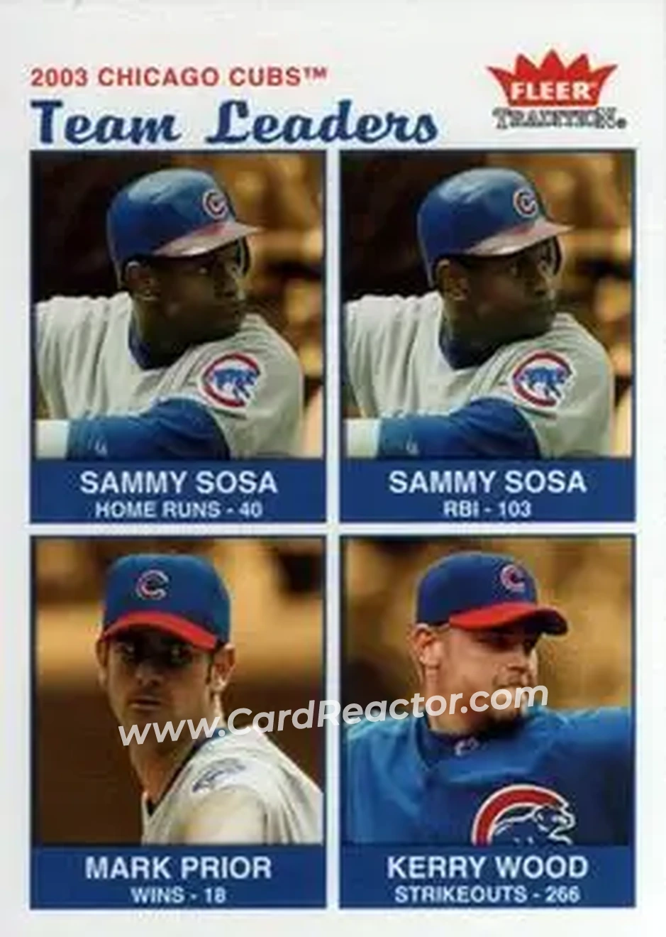 2004 Fleer Tradition #16 - Sammy Sosa - Mark Prior - Kerry Wood - Chicago Cubs - Front