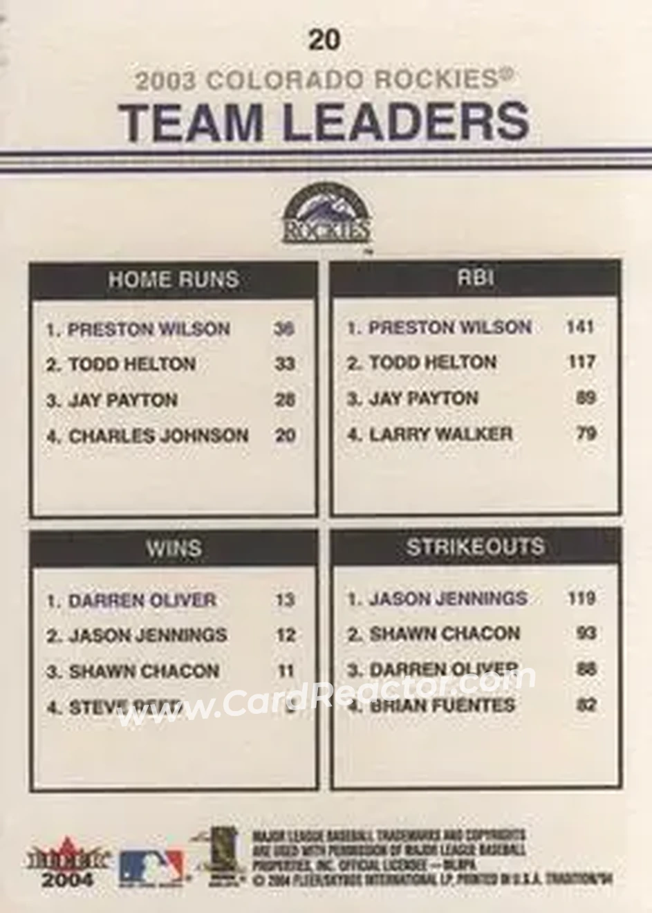 2004 Fleer Tradition #20 - Preston Wilson - Darren Oliver - Jason Jennings - Colorado Rockies - Back